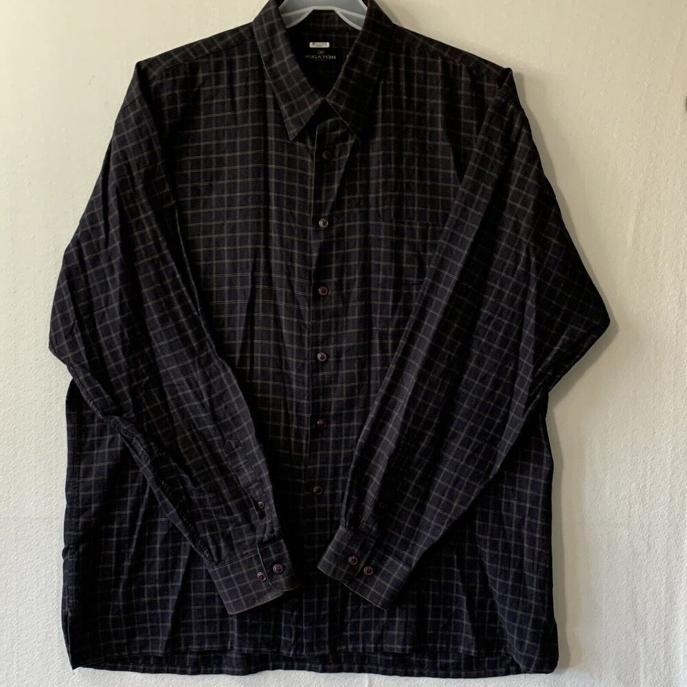 Bugatchi Uomo Shirt Men XL Black Cream Check Button Up Cotton Pocket Casual